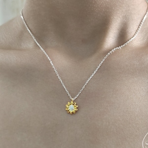 Sterling Silver Tiny Little Sunflower Pendant Necklace, Delicate Flower Necklace, Sunflower Necklace, Two Tone Flower Pendant Necklace