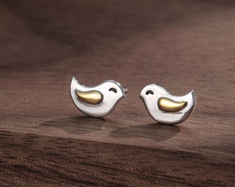 Little Wren Bird Stud Earrings in Sterling Silver- Gold and Silver Two Tone - Bird Earrings - Cute Animal, Fun, Whimsical and Pretty