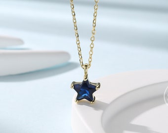 Sterling Silver Sapphire Blue CZ Star Pendant Necklace, Silver or Gold, Blue Star Necklace