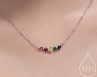 Rainbow Droplet Cluster Pendant Necklace in Sterling Silver, Silver or Gold, Silver Rainbow CZ Pear Cut Necklace, Rainbow CZ Cluster Pendant