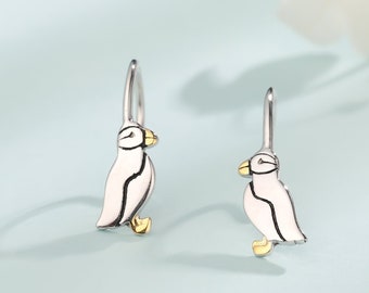 Sterling Silver Puffin Bird Hook Earrings, Puffin Drop Hook Earrings, Dainty Dangle Earrings, Puffin Bird Earrings, Puffin Earrings