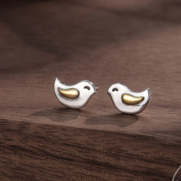 Little Wren Bird Stud Earrings in Sterling Silver- Gold and Silver Two Tone - Bird Earrings - Cute Animal, Fun, Whimsical and Pretty