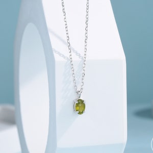 Very Tiny Genuine Green Tourmaline Crystal Oval Pendant Necklace in Sterling Silver, 4x6mm Tiny Oval Raw Tourmaline Necklace