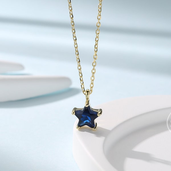 Sterling Silver Sapphire Blue CZ Star Pendant Necklace, Silver or Gold, Blue Star Necklace