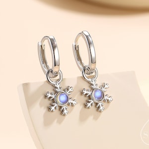 Moonstone Snowflake Huggie Hoop Earrings in Sterling Silver, Delicate Snowflake Earrings, Moonstone Earrings, Snow Earrings, Detachable