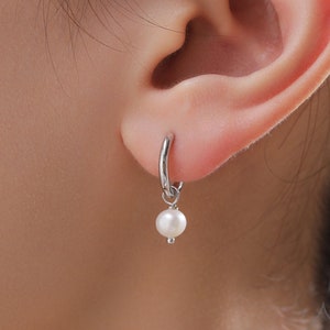 Genuine Freshwater Pearl with Skinny Hoop Earrings in Sterling Silver, Detachable Freshwater Pearl Hoop Earrings, Natural Pearl Huggie Hoops