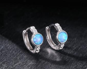 Blue Opal CZ Huggie Hoop Earrings in Sterling Silver, Silver or Gold, Tiny Opal Hoops, Opal Hoops, Single Opal Hoops