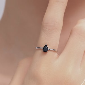 Natural Black Onyx Droplet Ring in Sterling Silver,  4x6mm, Prong Set Pear Cut, Adjustable Size, Genuine Black Onyx Ring