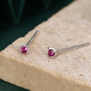 Barely Visible 2mm Ruby Pink CZ Stud Earrings in Sterling Silver