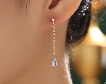 Sterling Silver Tiny Moonstone Droplet Drop Stud Earrings, Silver or Gold, Lab Moonstone Dangle Chain Earrings