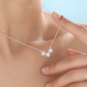 Clear CZ Triple Star Pendant Necklace in Sterling Silver
