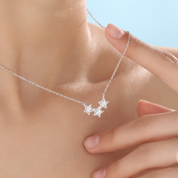 Clear CZ Triple Star Pendant Necklace in Sterling Silver, Silver or Gold, Three Star Crystal Necklace, Minimal Star Pendant