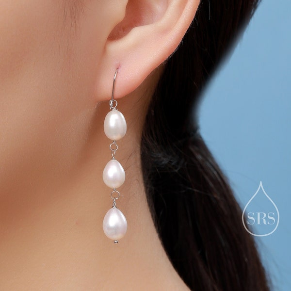 Barocke Perlen Trio Tropfen Haken Ohrringe in Sterling Silber, Silber oder Gold, Lange Perlen Ohrringe, Natürliche Keshi Süßwasser Perlen Ohrringe