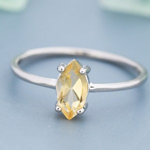Genuine Yellow Citrine Ring in Sterling Silver, Natural Marquise Cut Citrine Stone Ring, Stacking Rings, US 5-8