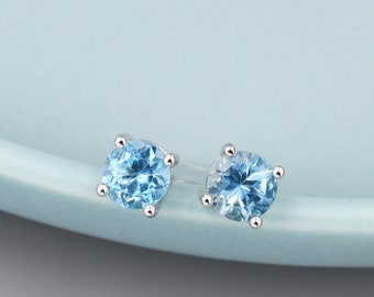 Sterling Silver Natural Topaz Stud Earrings, 5mm Prong Set, Genuine Blue Topaz Gemstone Stud, Minimalist Style,