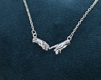 Sterling Silver Hand Necklace, Creation of Adam Necklace, Silver or Gold