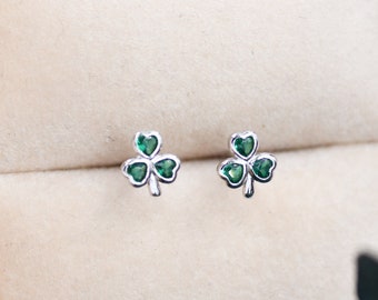 Green CZ Shamrock Tiny Stud Earrings in Sterling Silver,  Clover Earrings, Irish Earrings, Silver or Gold Flower Earrings