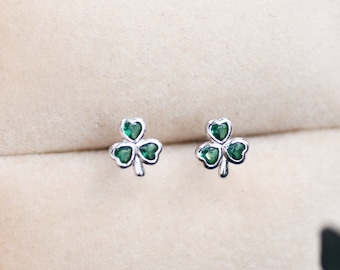 Green CZ Shamrock Tiny Stud Earrings in Sterling Silver,  Clover Earrings, Irish Earrings, Silver or Gold Flower Earrings