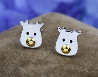 Reindeer stud earrings in Sterling Silver, Rudolph Earrings, Deer Earrings, Christmas Earrings