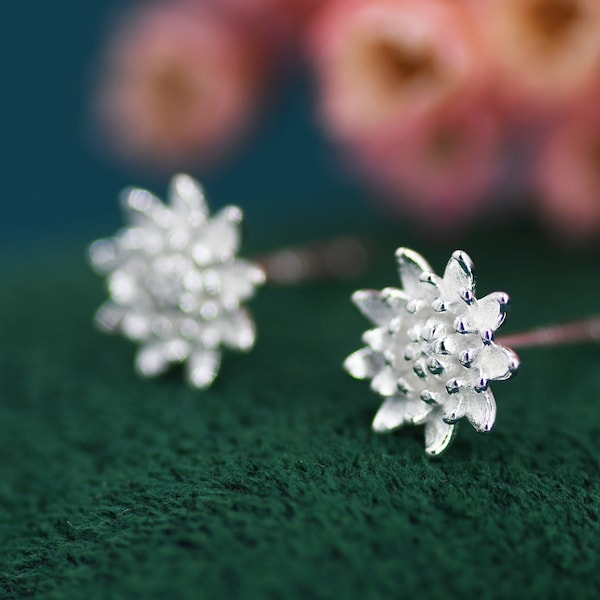 Chrysanthemum Flower Stud Earrings in Sterling Silver, Silver or Gold, Nature Inspired Flower Earrings, November Birth Flower, Botanical