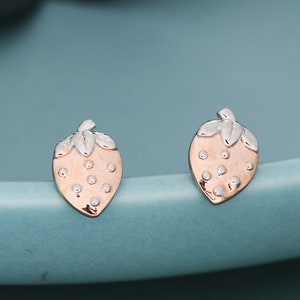 Strawberry Stud Earrings in Sterling Silver, Silver and Rose Gold Two Tone Earrings, Fruit Earrings, Summer Earrings