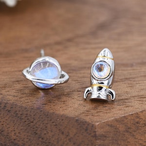 Mismatched Rocket and Planet Stud Earrings in Sterling Silver, Asymmetric Planet and Space Rocket Earrings, Spaceship Earrings