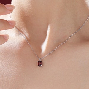 Tiny Genuine Garnet Crystal Oval Pendant Necklace in Sterling Silver, 5x7mm Tiny Oval Garnet Necklace, January Birthstone