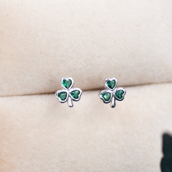 Green CZ Shamrock Tiny Stud Earrings in Sterling Silver,  Clover Earrings, Irish Earrings, Silver or Gold Flower Earrings