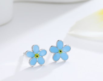 Forget-me-not Enamel Stud Earrings in Sterling Silver,  Flower Earrings, Blue Blossom Earrings, Forget me not earrings