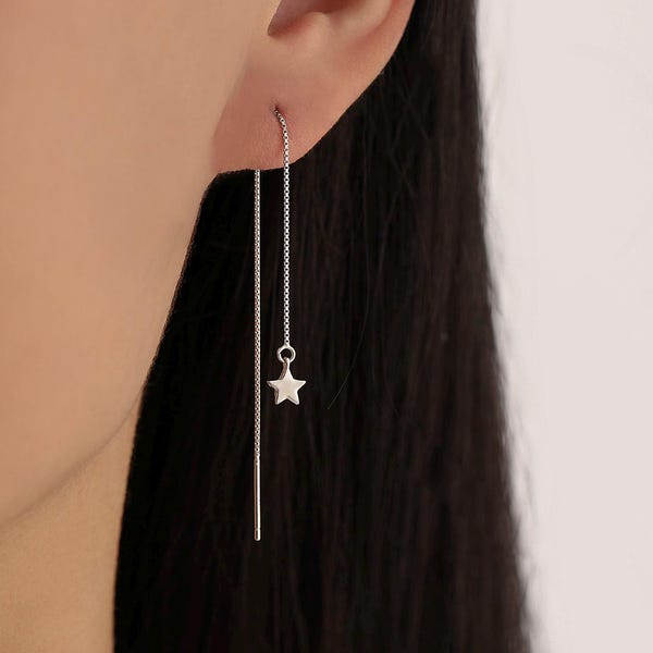 Sterling Silver Twinkle Stars Ear Threader, Wire Earrings, Dangle Earrings, Tiny Charm Earrings, Celestial, Dainty and Delicate