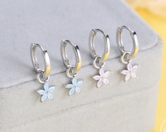 Flower CZ Huggie Hoop in Sterling Silver, Opal Blue or Opal Pink Flower Hoops, Silver or Gold,  Detachable and Interchangeable Flower Charms