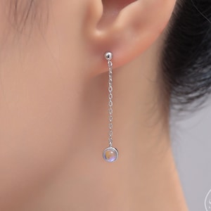 Moonstone with Chain Dangle Stud Earrings in Sterling Silver, Silver or Gold, Lab Moonstone Earrings, Minimal Dangling Moonstone Earrings