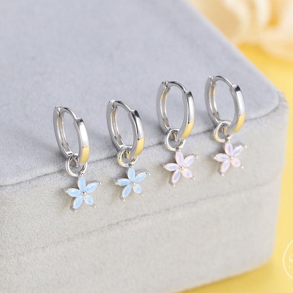 Flower CZ Huggie Hoop in Sterling Silver, Opal Blue or Opal Pink Flower Hoops, Silver or Gold,  Detachable and Interchangeable Flower Charms