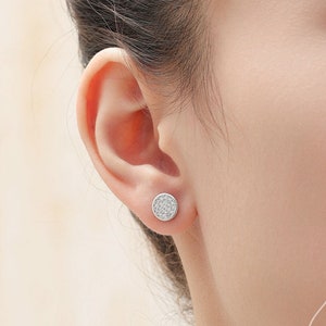 CZ Round Disk Stud Earrings in Sterling Silver,  CZ Coin Earrings,  8mm Circle Stud, CZ Pave Coin Earrings, Silver or Gold