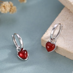 Natural Red Onyx Heart Dangle Huggie Hoop Earrings in Sterling Silver, Silver or Gold,  Detachable Genuine Red Onyx Heart Charm Hoops