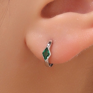Tiny Rhombus Emerald Green CZ Huggie Hoop in Sterling Silver, Silver or Gold, Minimalist Simple Kite Shape CZ Hoop Earrings