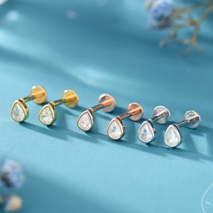 Tiny CZ Droplet Internally Threaded Flat Back/ Screw Back / Stud Earrings in Sterling Silver, Silver or Gold or Rose Gold,