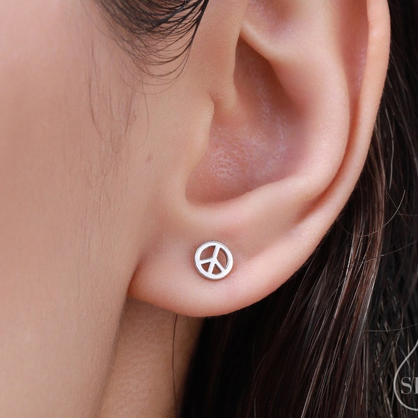 Tiny Peace Symbol Stud Earrings in Sterling Silver, Silver, Gold or Rose Gold, Small Peace Earrings, Love and Peace