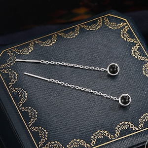Genuine Black Onyx Dot Threader Earrings in Sterling Silver, Natural Black Onyx Ear Threaders, Silver or Gold,  Chain Earrings