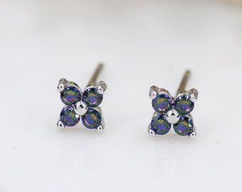 Extra Small Mystic Black Aurora CZ Flower Stud Earrings in Sterling Silver -  Aurora AB Crystal CZ Stud, Hydrangea Stud, Colour Changing