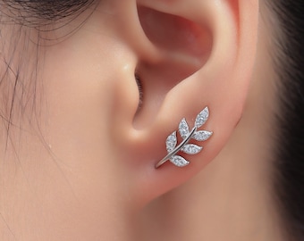 CZ Leaf Mini Crawler Earrings in Sterling Silver, Silver, Gold or Rose Gold, Olive Branch Climber Earrings, Nature Inspired Ear Climbers