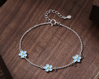 Enamel Forget Me Not Flower Motif Bracelet in Sterling Silver, Flower Bracelet, Blossom Bracelet, Forget-me-not Flower Bracelet