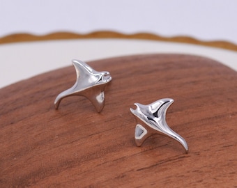 Sterling Silver Manta Ray Stud Earrings, Ocean Creature Fish Earrings, Cute and Quirky