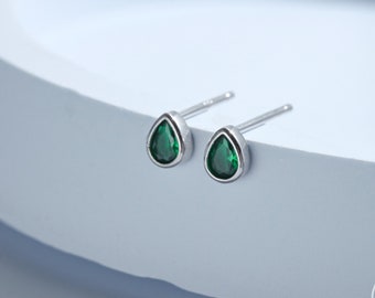 Extra Tiny Emerald Green Droplet CZ Stud Earrings in Sterling Silver, Silver or Gold, Tiny Pear Cut Bezel CZ Stud Earrings, May Birthstone