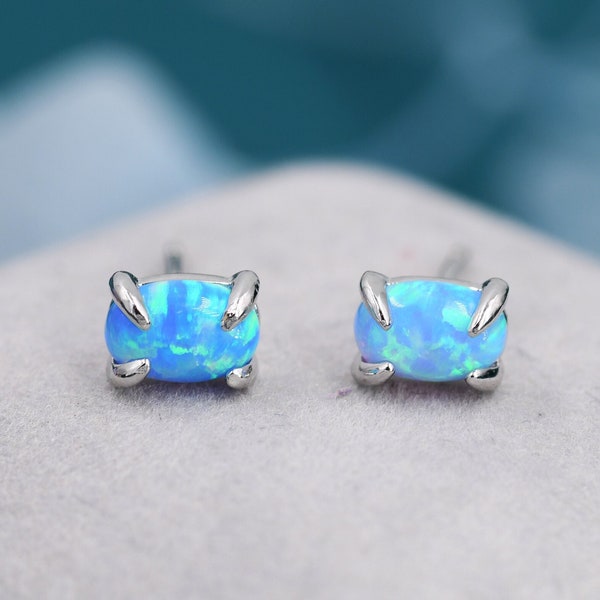 Blue Opal Oval Stud Earrings in Sterling Silver - Gold or Silver - Opal Oval Earrings - Opal Prong Set  Earrings,Blue Opal