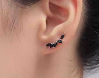 Black CZ Cluster Crawler Earrings in Sterling Silver, Silver or Gold, Black CZ Marquise Ear Crawlers, CZ Cluster Earrings