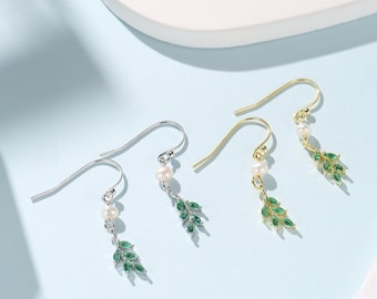 Green CZ Leaf Charm Drop Hook Earrings in Sterling Silver with Genuine Freshwater Pearls, Silver or Gold, Crystal Leaf Hook Earrings