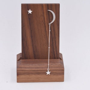 Sterling Silver Asymmetric Moon and Star Long Stud Earrings - Drop Dangling Earrings  - Textured Finish - Cute Fun and Quirky C47