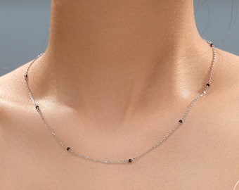 2mm Black Spinel Beaded Satellite Chain Necklace in Sterling Silver, Silver or Gold, Choker Necklace, Minimalist Geometric Style