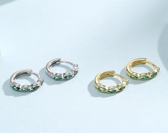 Emerald Green Marquise CZ Huggie Hoop in Sterling Silver, Silver or Gold, Minimalist Simple Green Hoop Earrings